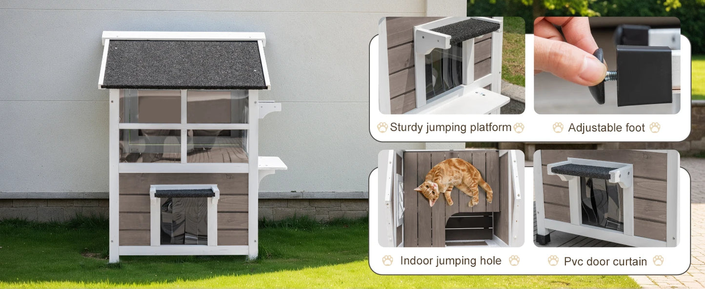 Outdoor Cat House - 2-Story Weatherproof Shelter with Window, Large Wooden Feral Cat Condos, Escape Door for Small Animals