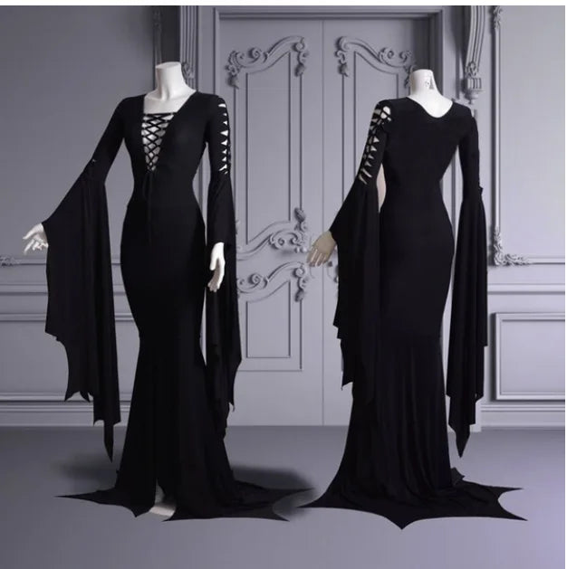 Medieval Vampire Black Lace Up Gown Robe For Women S-5XL Sexy Witch Ghost Halloween Costume Morticia Addam Gothic Maxi Dress