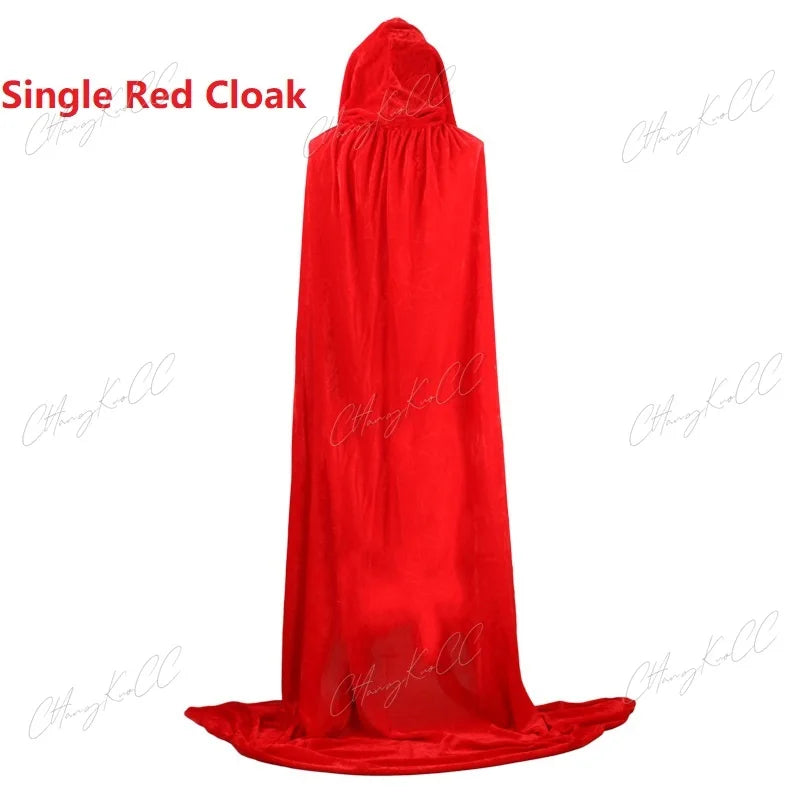 Hooded Cloak Long Velvet Cape Robe Green Black Red Halloween Carnival Purim Coats Medieval Witch Wicca Vampire Costume For Adult