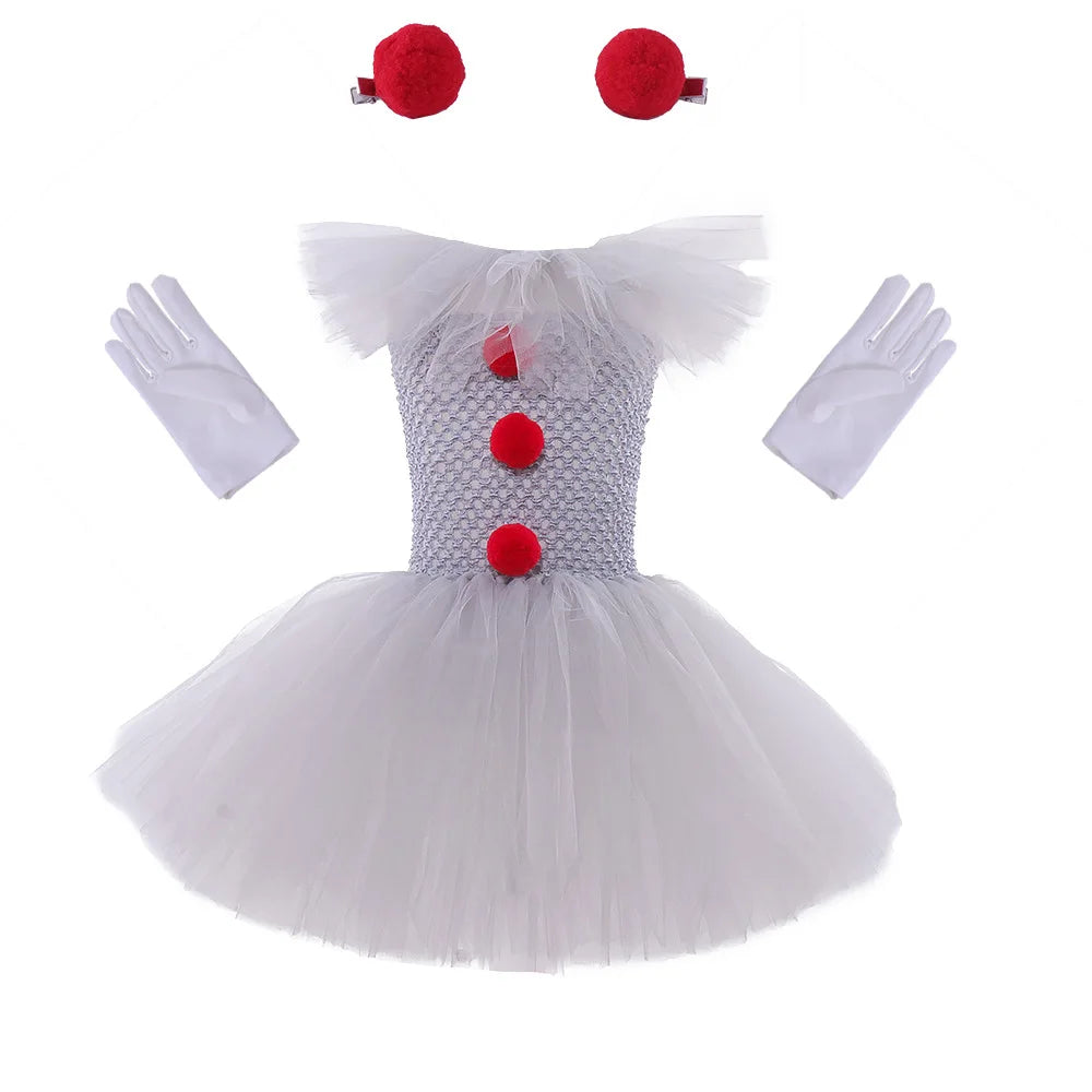 Joker Pennywise Girls Mesh Tutu Dress Horror Joker Halloween Costume Cosplay Costumes Kids Fancy Dresses Performance Clothing