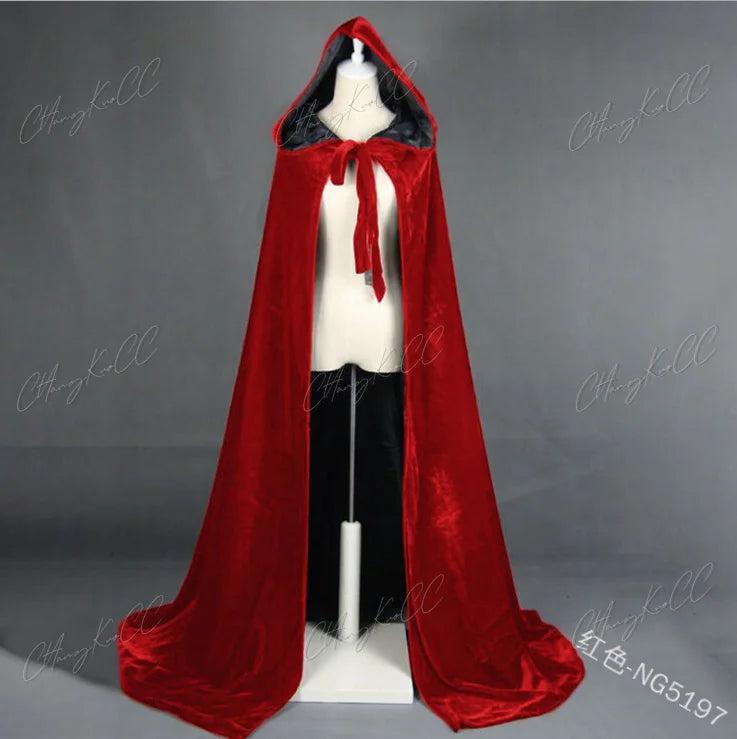 Hooded Cloak Long Velvet Cape Robe Green Black Red Halloween Carnival Purim Coats Medieval Witch Wicca Vampire Costume For Adult