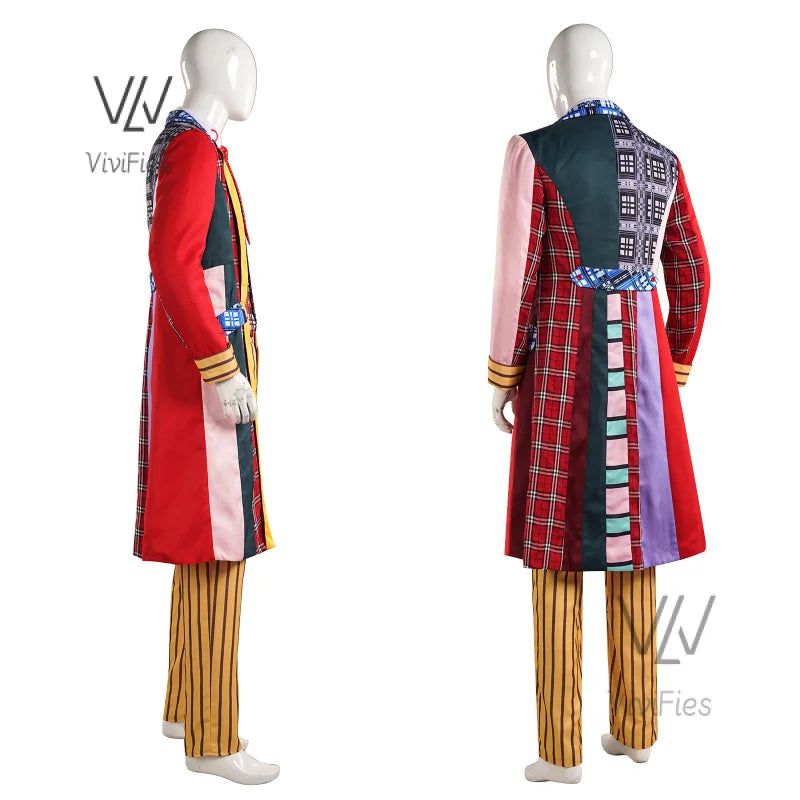 Doctor Colin Baker Cosplay Who Doctor   Long Coat Plaid Vest Pant Suit Costume Fancy Halloween Uniform Outfits S-XXXL