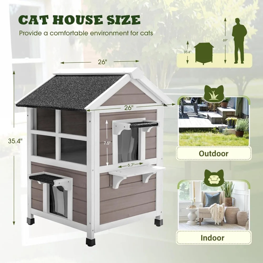 Outdoor Cat House - 2-Story Weatherproof Shelter with Window, Large Wooden Feral Cat Condos, Escape Door for Small Animals