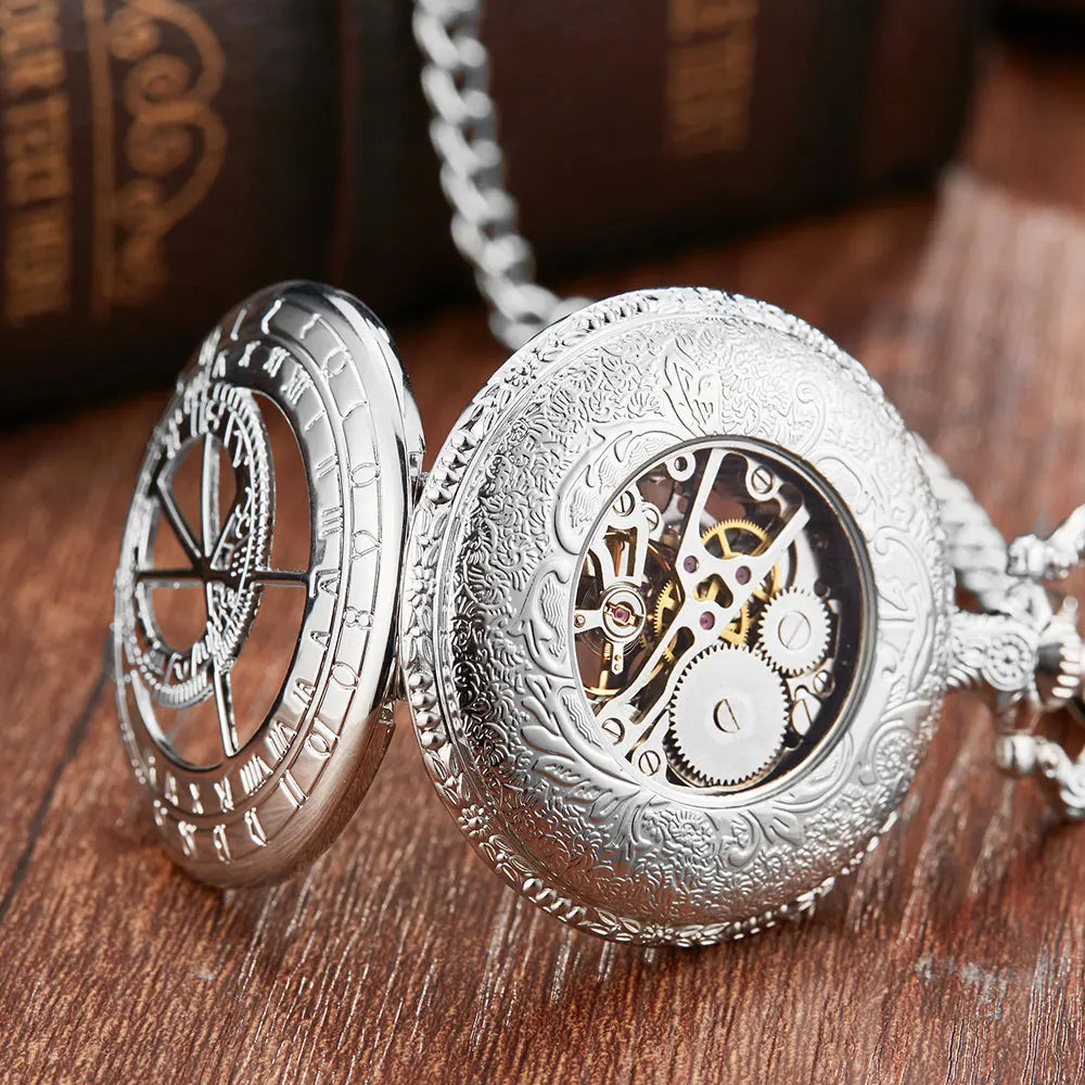 Doctor Silver Who Hollow Design Mechanical Pocket Watch Men Chains Roman Dial Retro Skeleton Hand wind Pocket Watches Mechanical