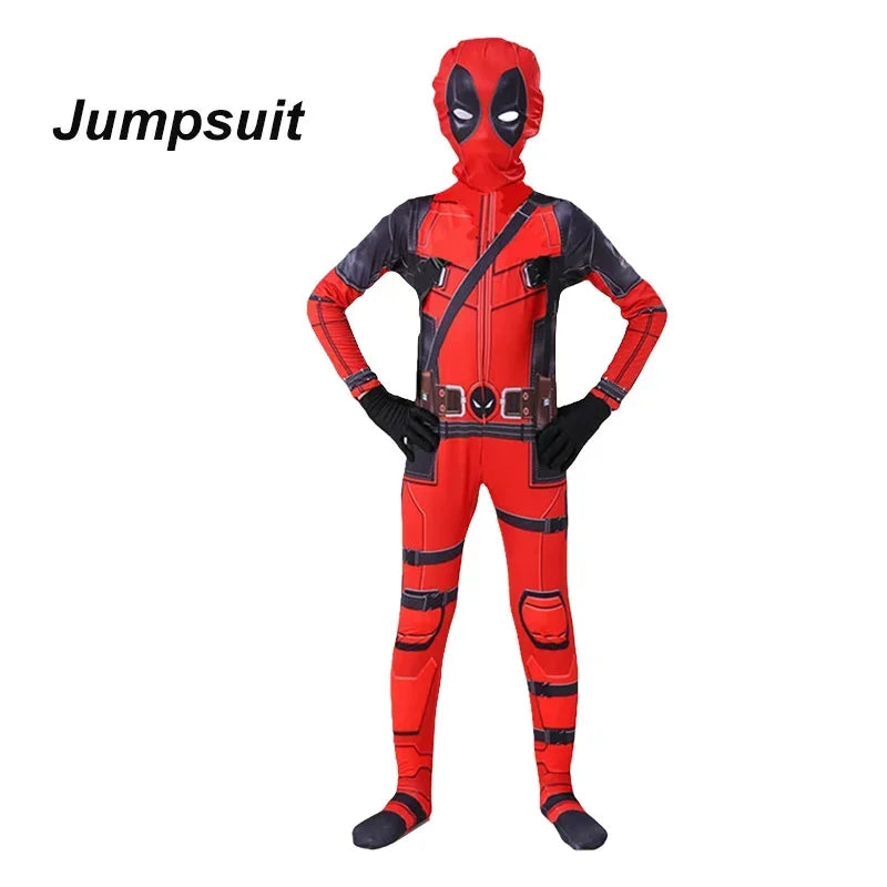 Adult Deadpool Costume Men Women Kids Cosplay Mask Suit Jumpsuit Backpack Knif Accessories Superhero Halloween Costume Child