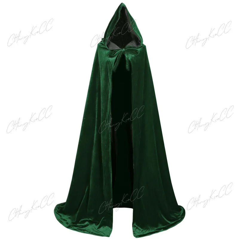 Hooded Cloak Long Velvet Cape Robe Green Black Red Halloween Carnival Purim Coats Medieval Witch Wicca Vampire Costume For Adult