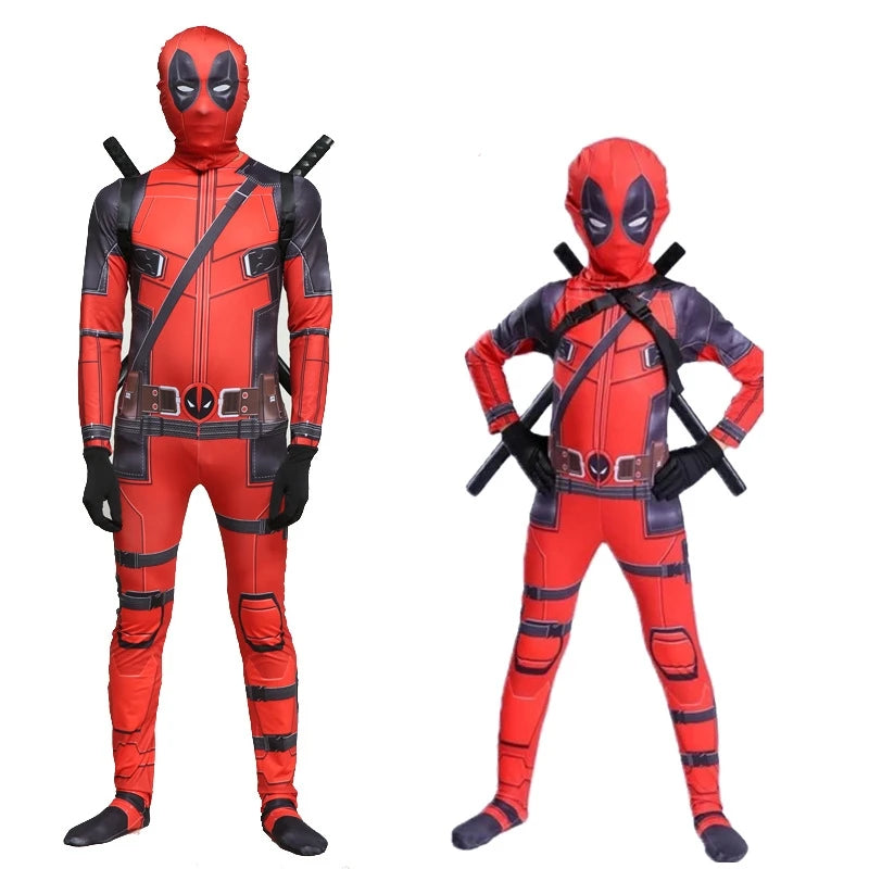 Adult Deadpool Costume Men Women Kids Cosplay Mask Suit Jumpsuit Backpack Knif Accessories Superhero Halloween Costume Child