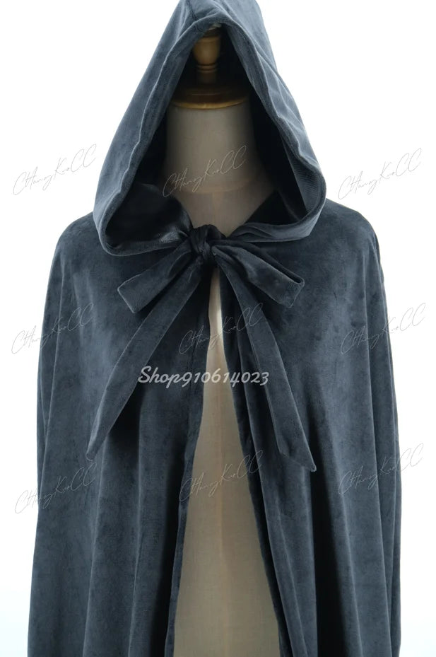 Hooded Cloak Long Velvet Cape Robe Green Black Red Halloween Carnival Purim Coats Medieval Witch Wicca Vampire Costume For Adult