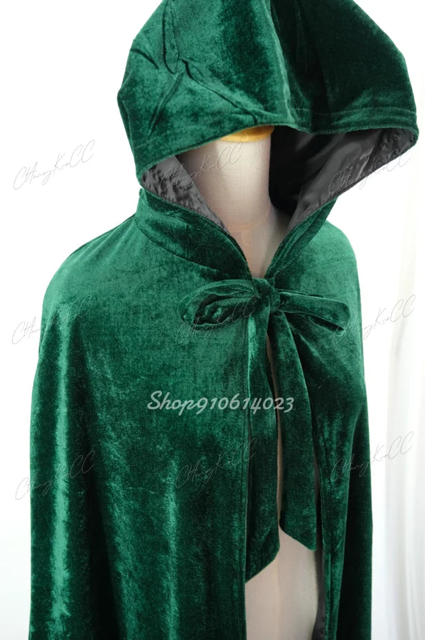 Hooded Cloak Long Velvet Cape Robe Green Black Red Halloween Carnival Purim Coats Medieval Witch Wicca Vampire Costume For Adult