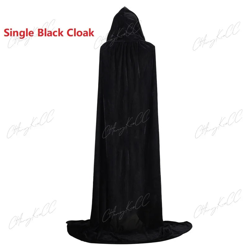 Hooded Cloak Long Velvet Cape Robe Green Black Red Halloween Carnival Purim Coats Medieval Witch Wicca Vampire Costume For Adult