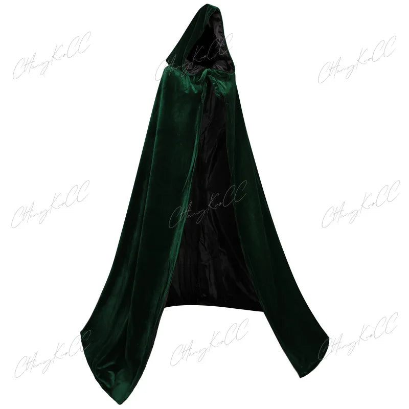 Hooded Cloak Long Velvet Cape Robe Green Black Red Halloween Carnival Purim Coats Medieval Witch Wicca Vampire Costume For Adult