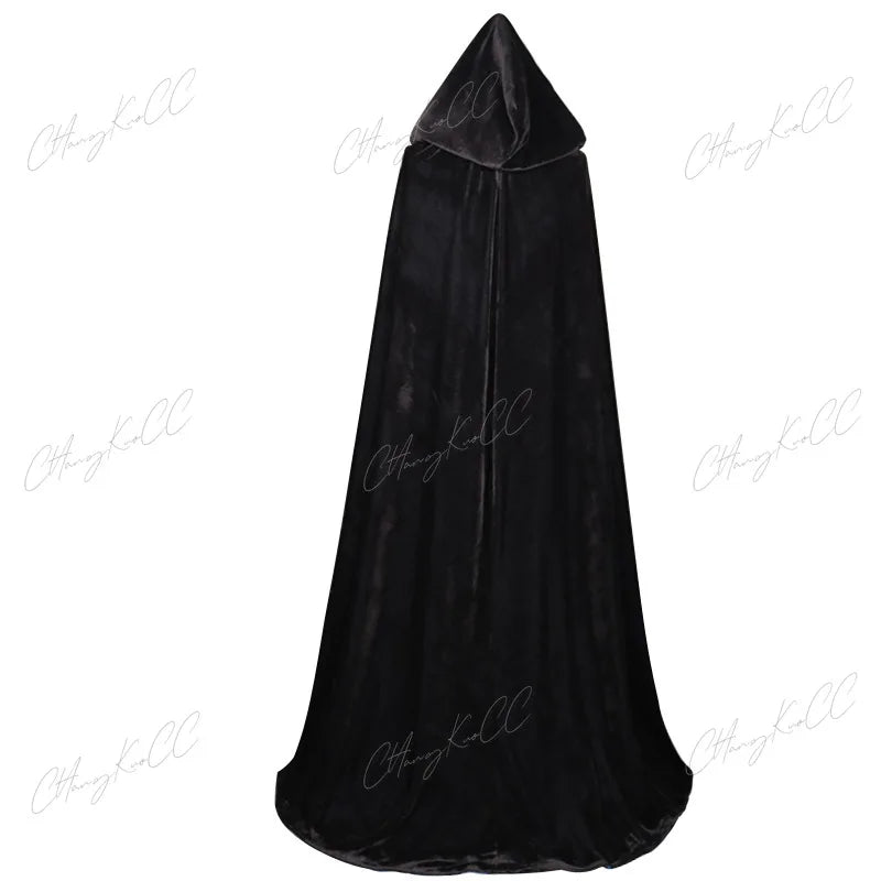 Hooded Cloak Long Velvet Cape Robe Green Black Red Halloween Carnival Purim Coats Medieval Witch Wicca Vampire Costume For Adult