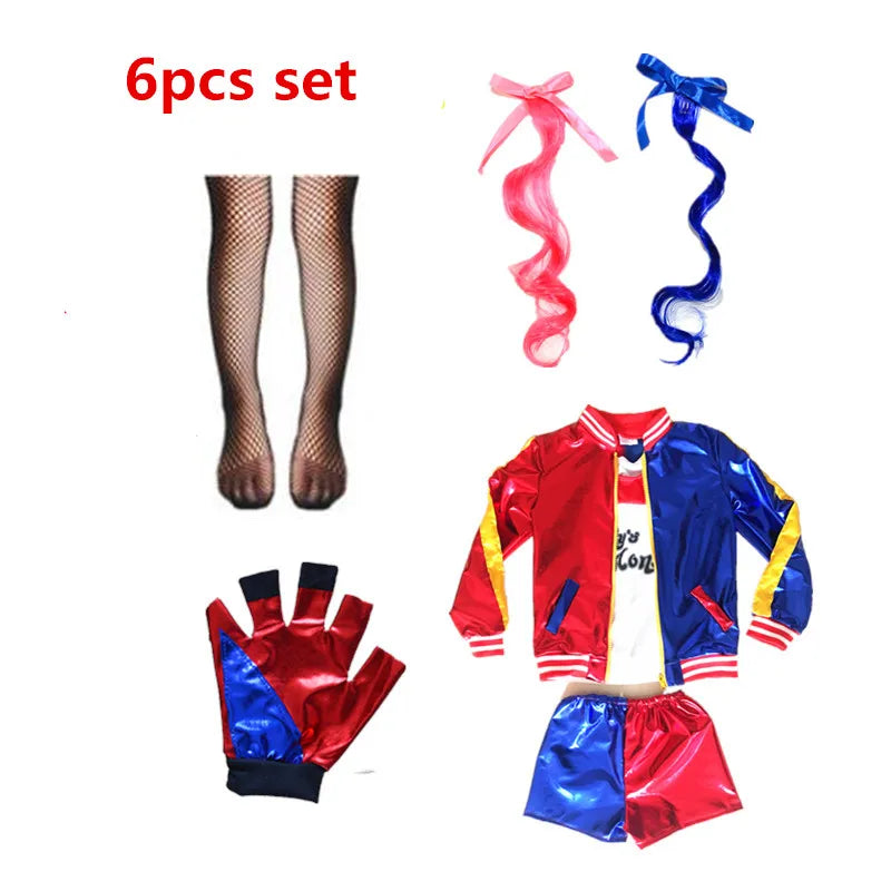 Quinn Monster Joker Jacket Suit tattoo stickers Pants SetCarnival Kids Girls Suicide Harley Cosplay Costumes Squad