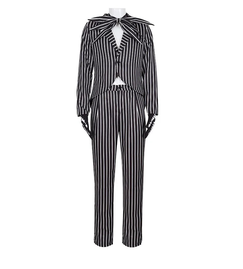 Jack Skelington Cosplay Costume Movie The Nightmare Cosplay Before Christmas Striped Top Pant Outfit Halloween Party Uniform