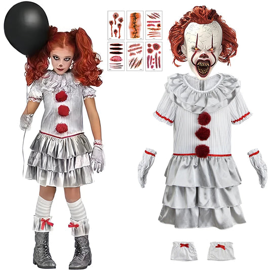 Halloween Cosplay Pennywise Dress for Girls Children's Joker Carnival Party Performance Costumes Kids Clown Masquerade Outfits