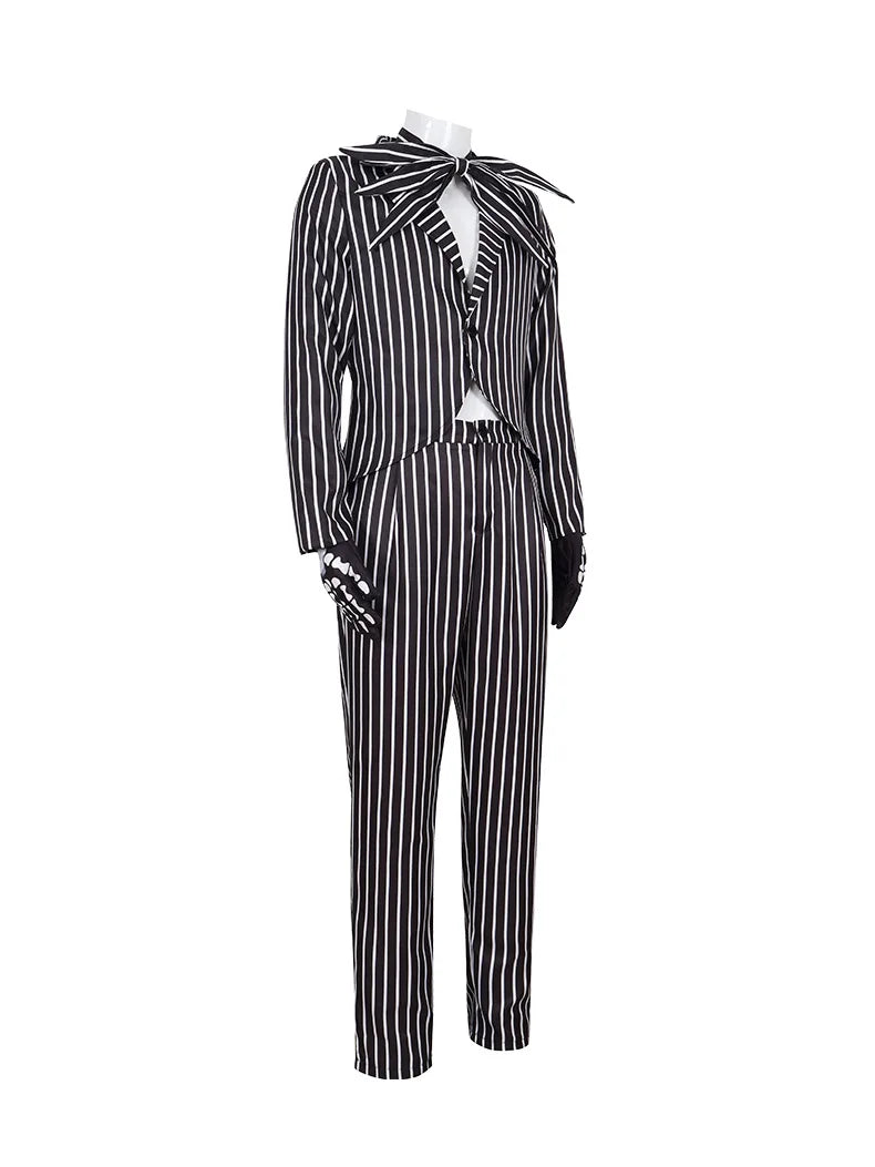 Jack Skelington Cosplay Costume Movie The Nightmare Cosplay Before Christmas Striped Top Pant Outfit Halloween Party Uniform