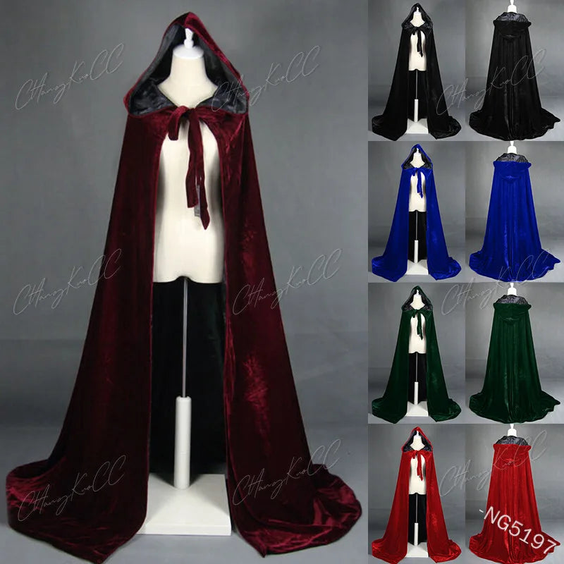 Hooded Cloak Long Velvet Cape Robe Green Black Red Halloween Carnival Purim Coats Medieval Witch Wicca Vampire Costume For Adult