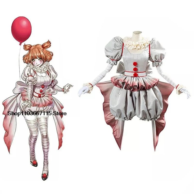 Movie Clown Pennywise Cosplay Costume Halloween Girls Outfit Horror Lolita Dress Up Women Fantasy Dress Carnival Party Full Set