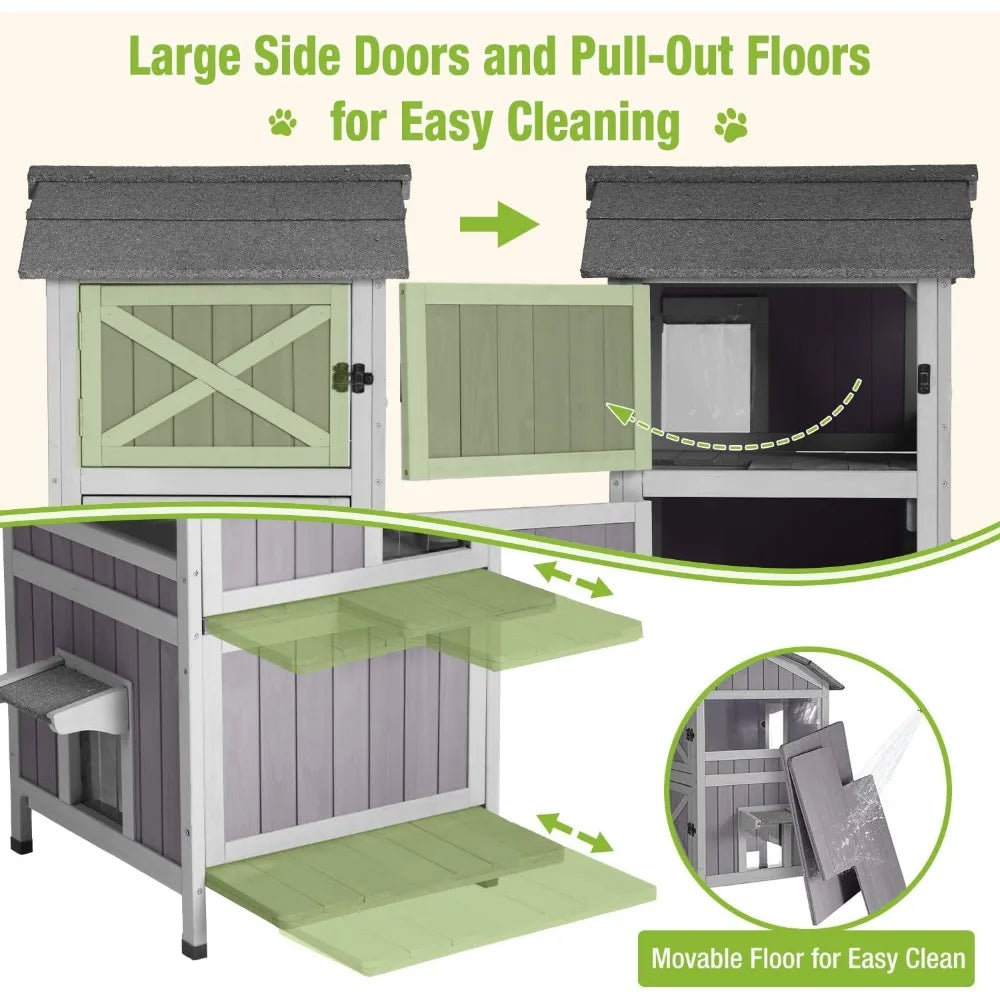 Insulated Outdoor Cat House for Winter - 2-Story Weatherproof Feral Cat Shelter