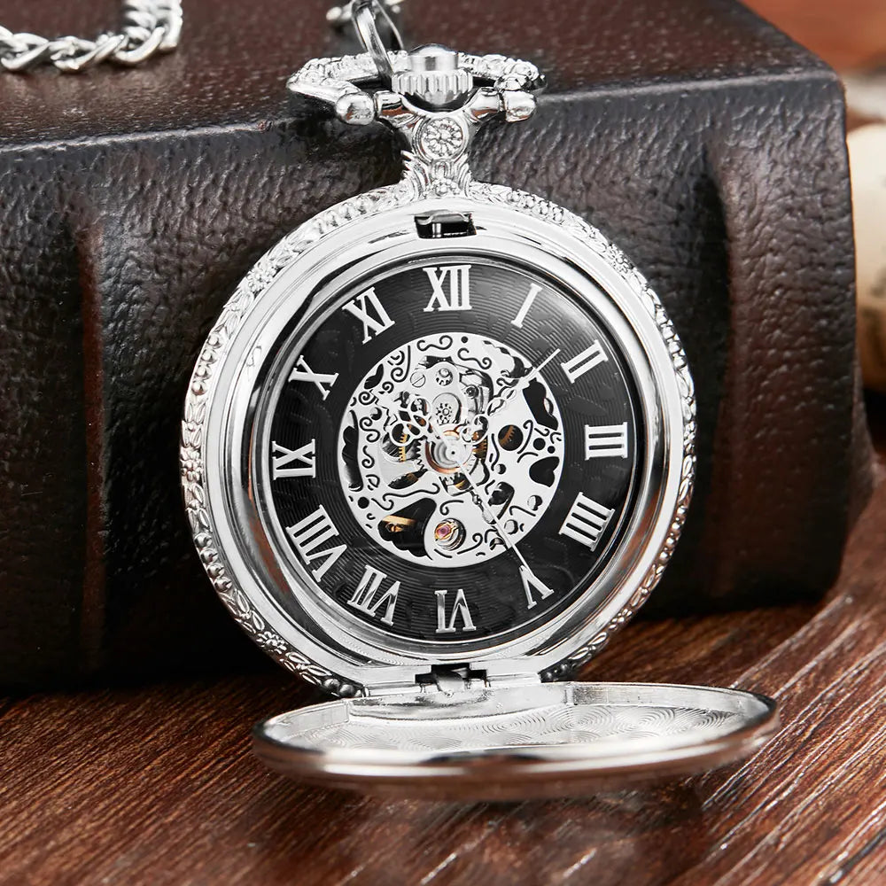 Doctor Silver Who Hollow Design Mechanical Pocket Watch Men Chains Roman Dial Retro Skeleton Hand wind Pocket Watches Mechanical