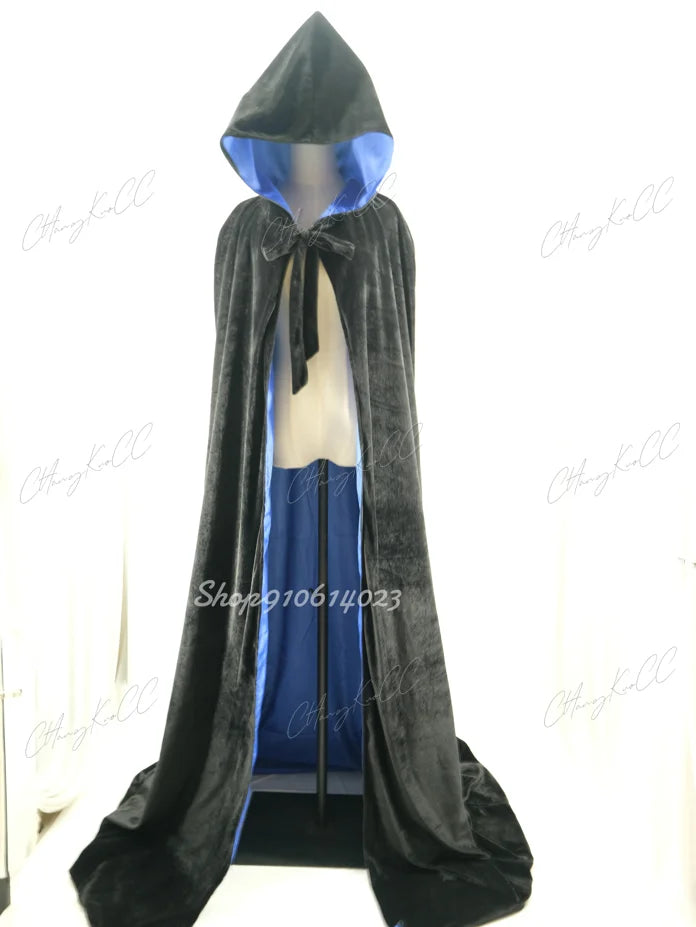 Hooded Cloak Long Velvet Cape Robe Green Black Red Halloween Carnival Purim Coats Medieval Witch Wicca Vampire Costume For Adult