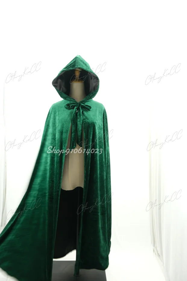 Hooded Cloak Long Velvet Cape Robe Green Black Red Halloween Carnival Purim Coats Medieval Witch Wicca Vampire Costume For Adult