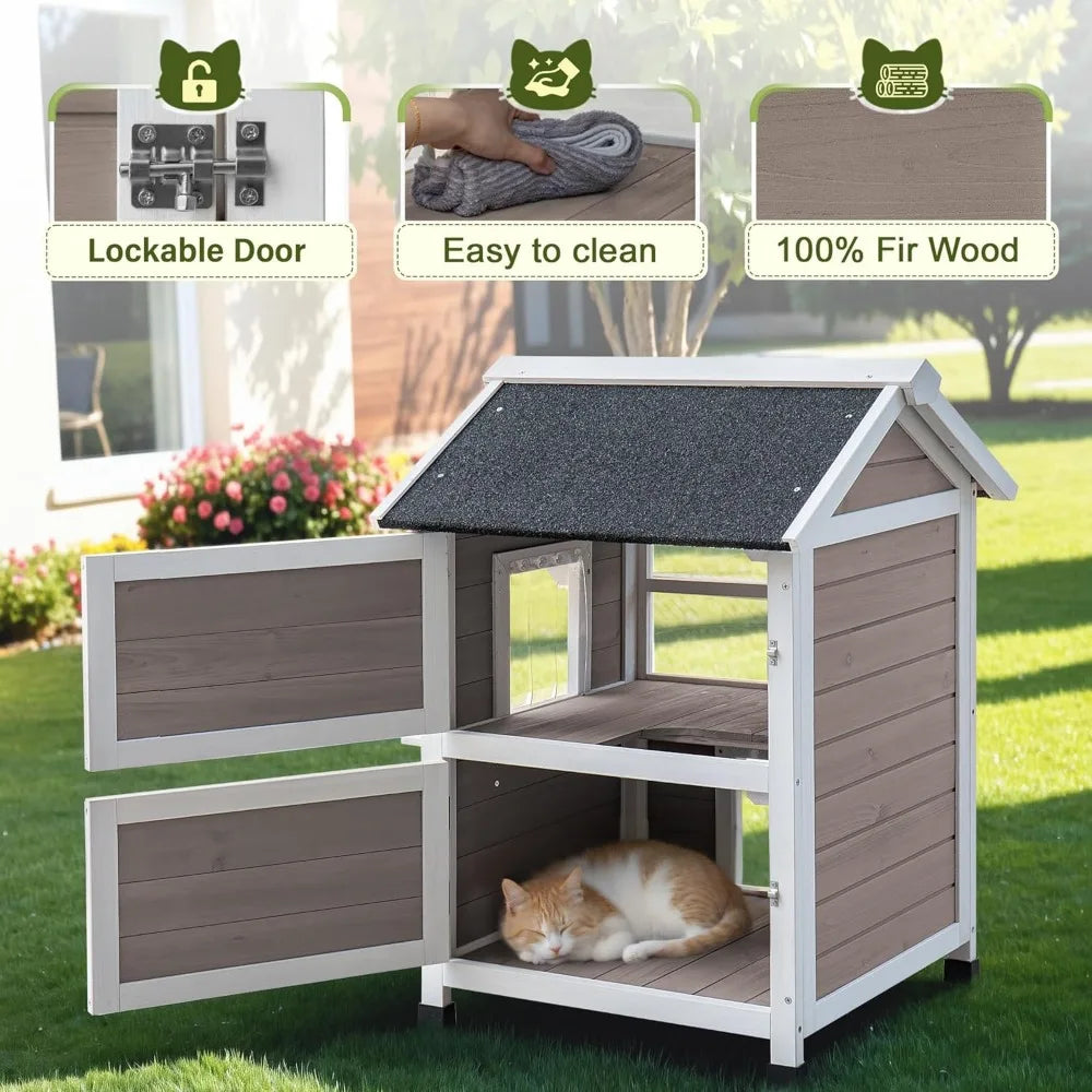 Outdoor Cat House - 2-Story Weatherproof Shelter with Window, Large Wooden Feral Cat Condos, Escape Door for Small Animals