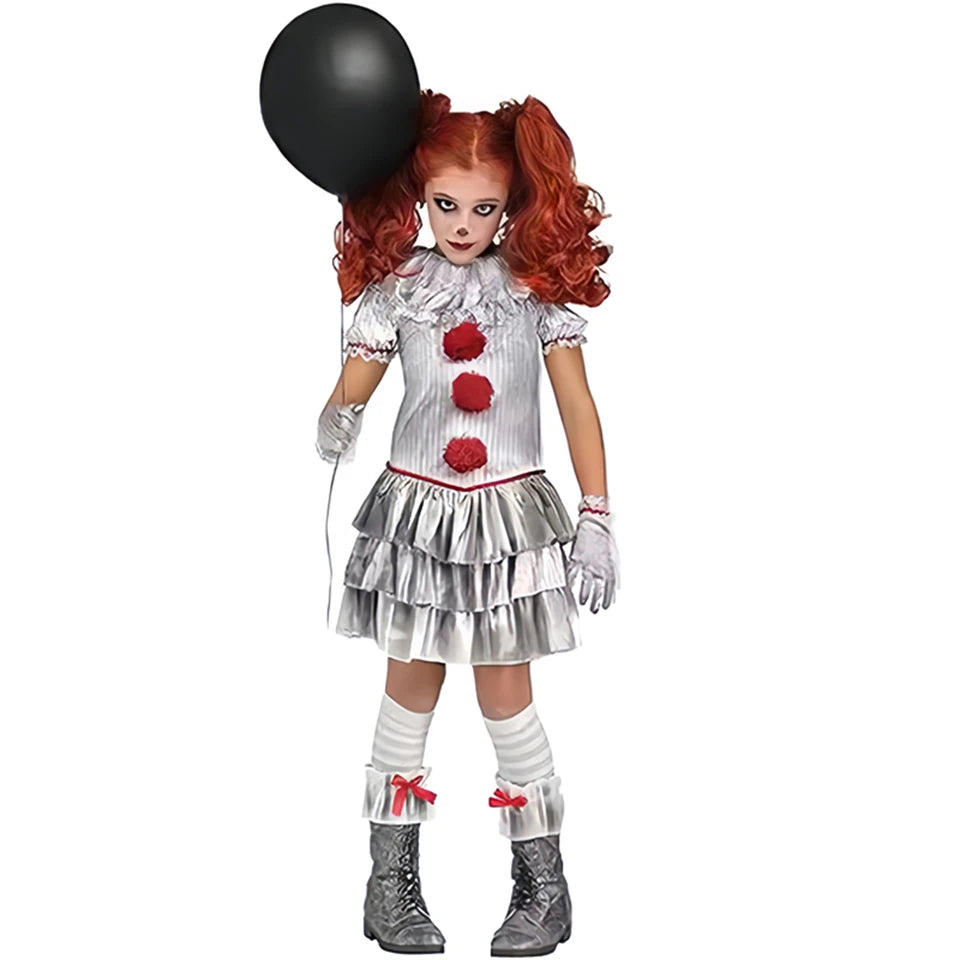 Halloween Cosplay Pennywise Dress for Girls Children's Joker Carnival Party Performance Costumes Kids Clown Masquerade Outfits