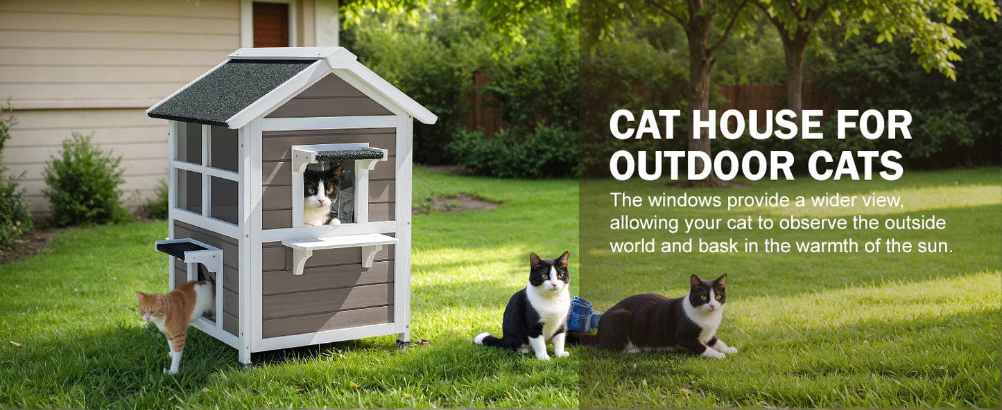 Outdoor Cat House - 2-Story Weatherproof Shelter with Window, Large Wooden Feral Cat Condos, Escape Door for Small Animals