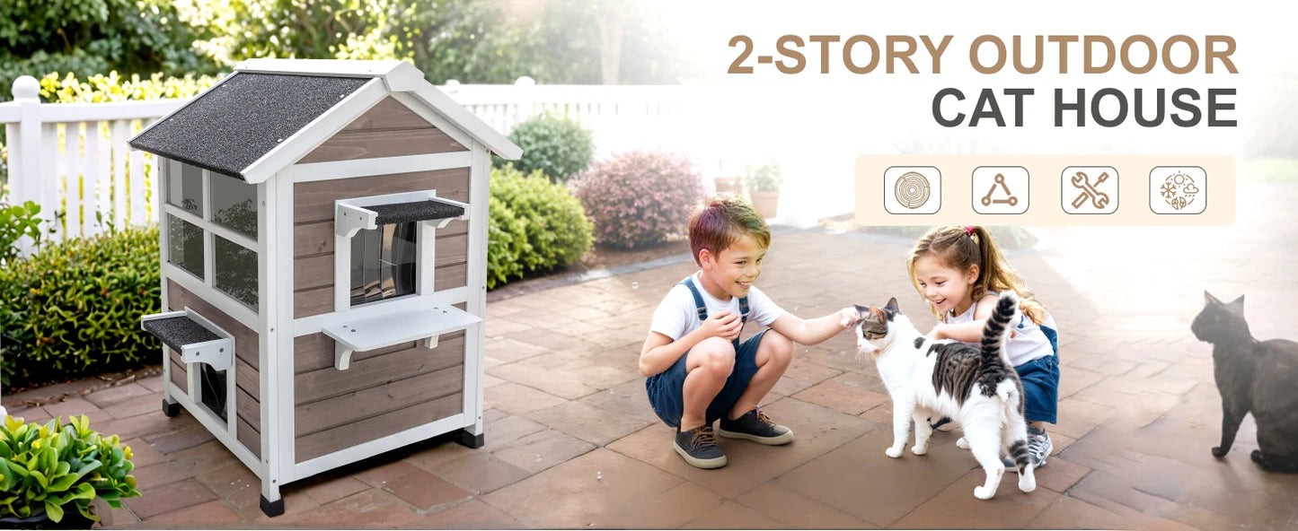 Outdoor Cat House - 2-Story Weatherproof Shelter with Window, Large Wooden Feral Cat Condos, Escape Door for Small Animals