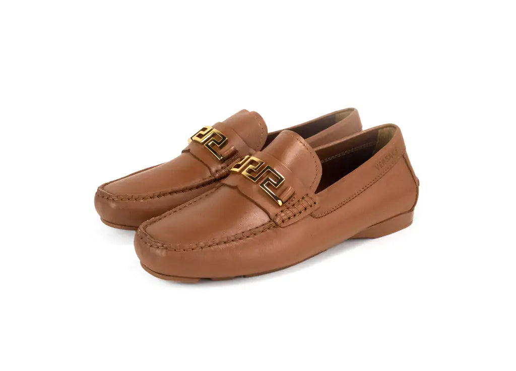 Versace Warm Brown Leather Gold Greek Key Driver Loafers - Trendy Sassy Stylish