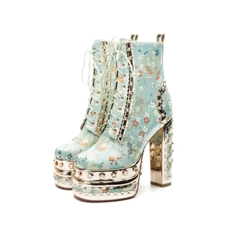 Platform Ankle Boots with Floral Pattern - Trendy Sassy Stylish