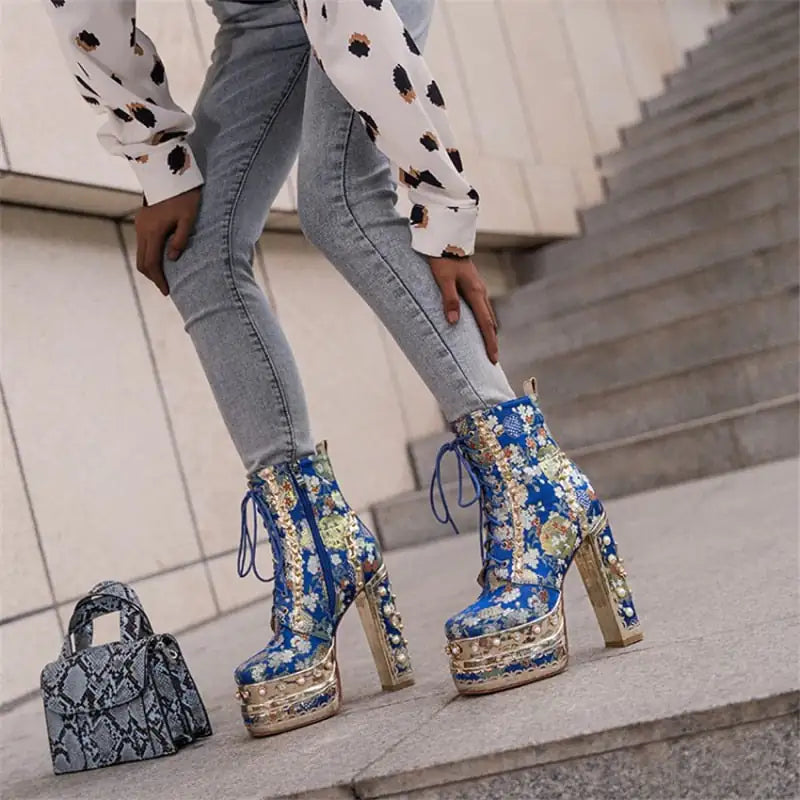 Platform Ankle Boots with Floral Pattern - Trendy Sassy Stylish