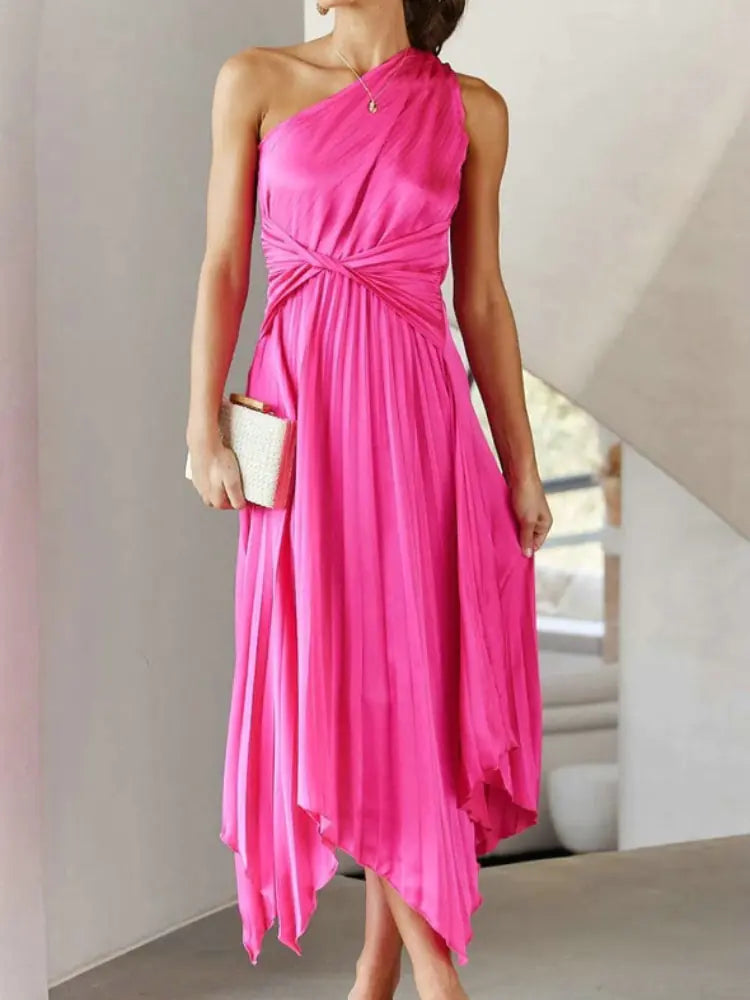 Chic Satin One Shoulder Party Midi Dress