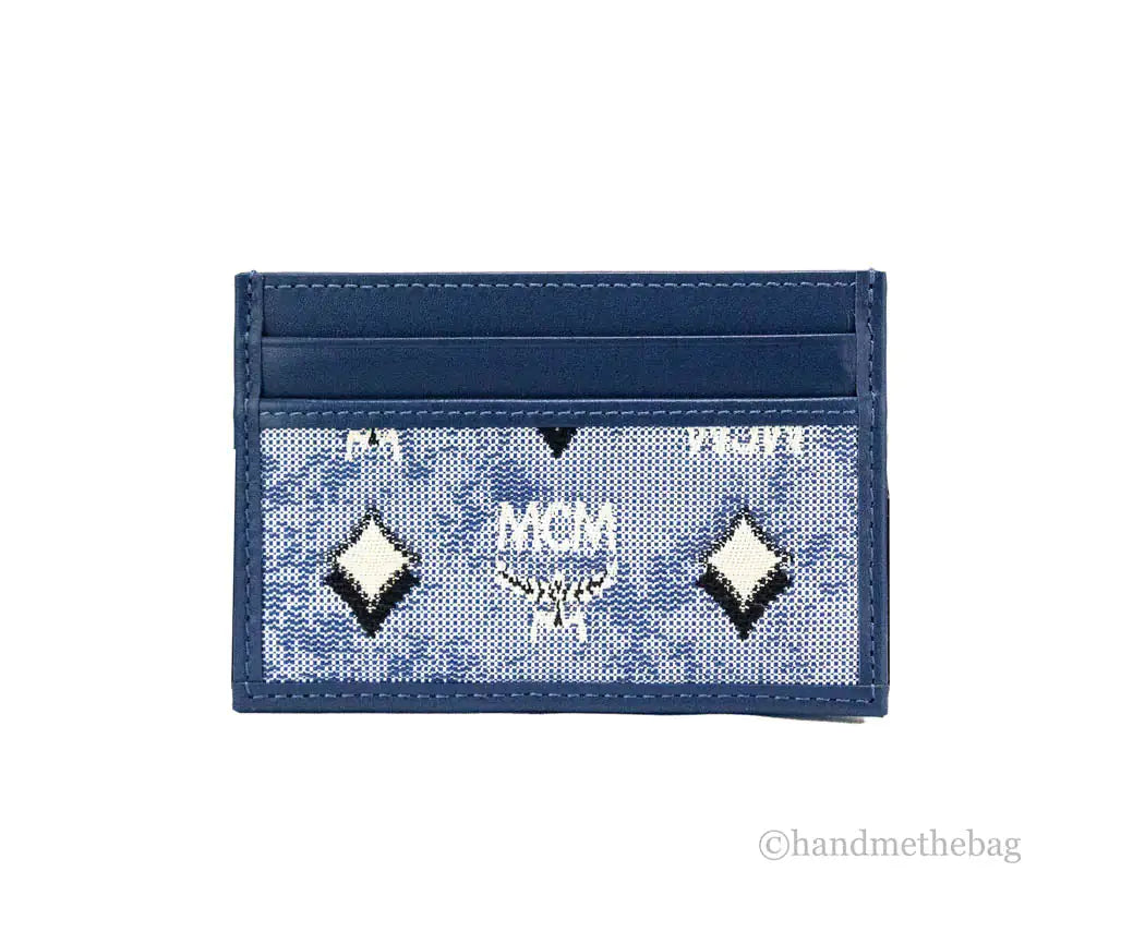 MCM Veritas Vintage Blue Denim Fabric Monogrammed Card Case - Trendy Sassy Stylish