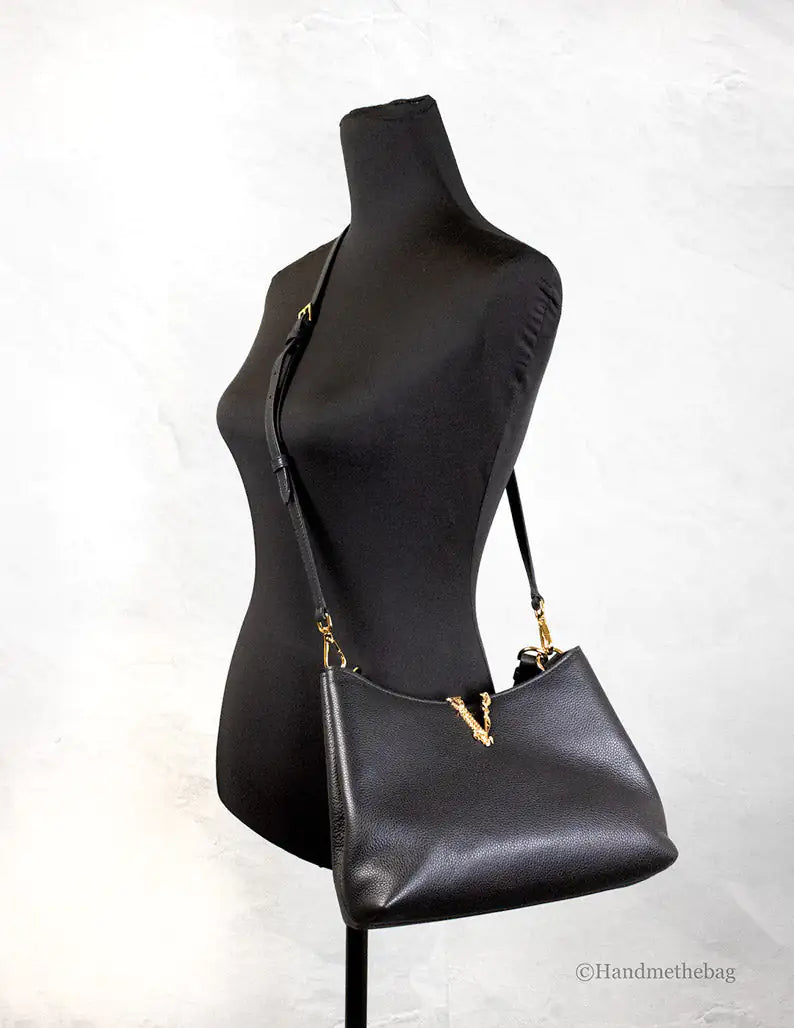 Versace Virtus Small Black Leather Hobo Shoulder Crossbody Bag - Trendy Sassy Stylish