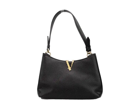 Versace Virtus Small Black Leather Hobo Shoulder Crossbody Bag - Trendy Sassy Stylish