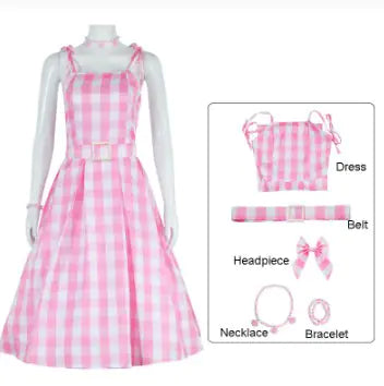 Barbie Square Pattern Dress With Belt Cosplay - Trendy Sassy Stylish