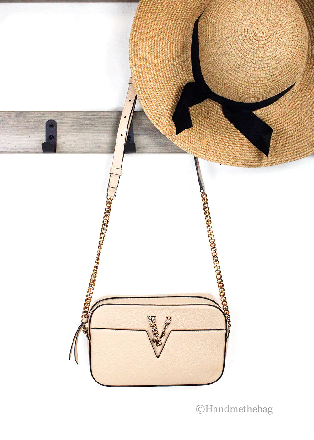 Versace Virtus Small Beige Leather Camera Crossbody Bag - Trendy Sassy Stylish