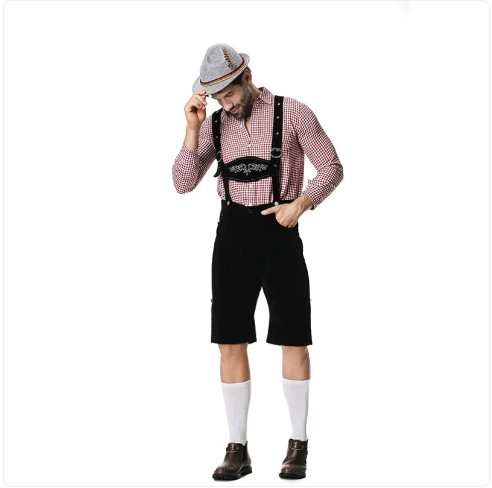 Men’s Oktoberfest Costume - Plaid Shirt, Bib Shorts, & Hat Set - Trendy Sassy Stylish