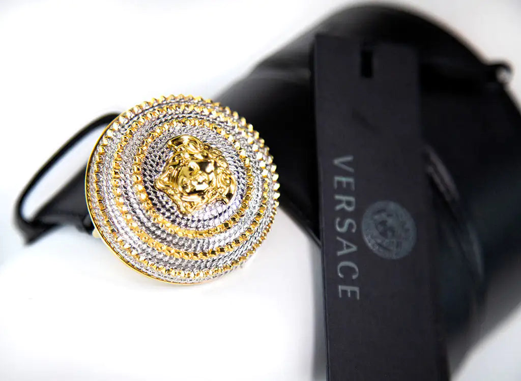 Versace Leather Round Ridged Medusa Emblem Adjustable Belt - Trendy Sassy Stylish