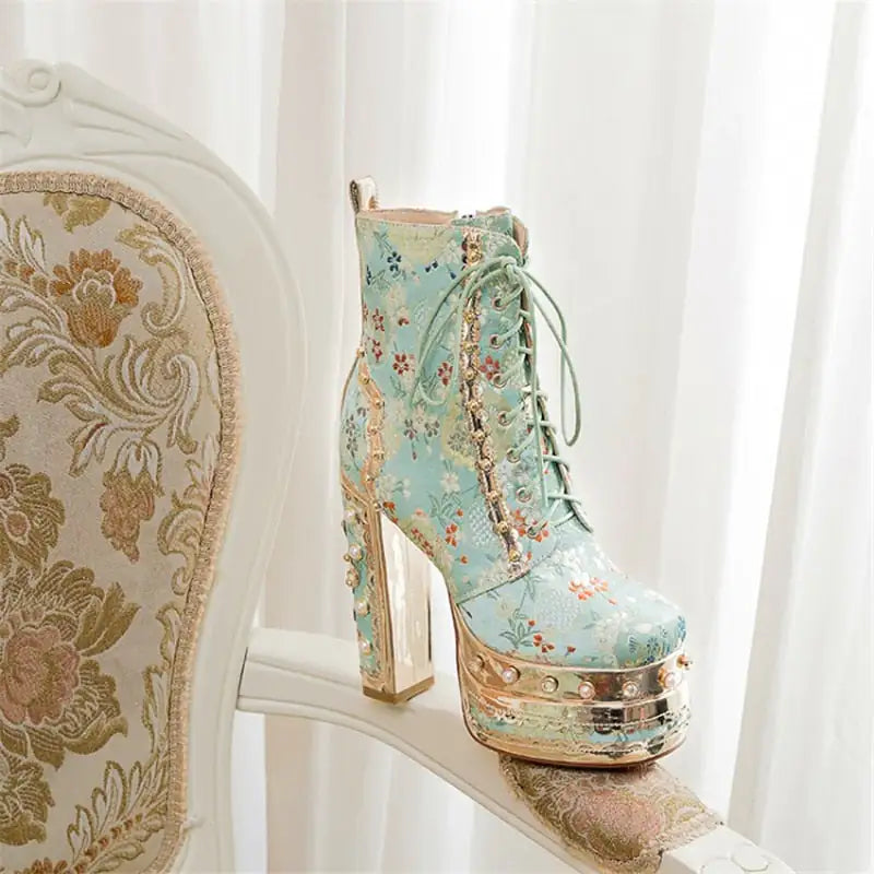 Platform Ankle Boots with Floral Pattern - Trendy Sassy Stylish