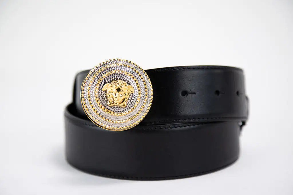 Versace Leather Round Ridged Medusa Emblem Adjustable Belt - Trendy Sassy Stylish